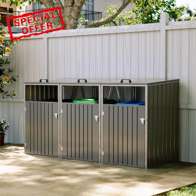 Wheelie Bin Storage Bin Store for Triple Wheelie Bins Galvanized Steel Wheel Bins Hideaways with Locking Door Garden Trash Can Cover with Lifting Lids