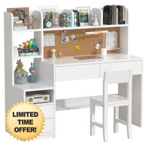 White Kids Desk and Chair Set for 5-12 Year Old
