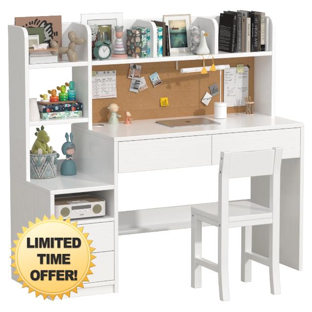 White Kids Desk and Chair Set for 5-12 Year Old
