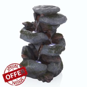 Alpine Corporation - Outdoor 3-Tier Rock Waterfall Fountain with LED Lights for Garden