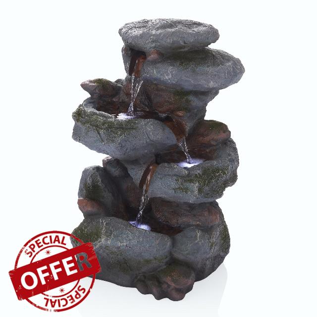 Alpine Corporation - Outdoor 3-Tier Rock Waterfall Fountain with LED Lights for Garden