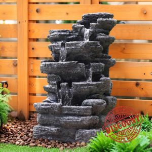 Biling 5-Tier Cascading Rock Outdoor Water Fountain with LED Lights and Artificial Fern