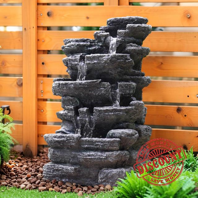 Biling 5-Tier Cascading Rock Outdoor Water Fountain with LED Lights and Artificial Fern