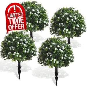 Yunlly 4 Pcs Artificial Boxwood Topiary Ball Tree 27 Inch Outdoor Boxwood Balls with Flower Faux Bush