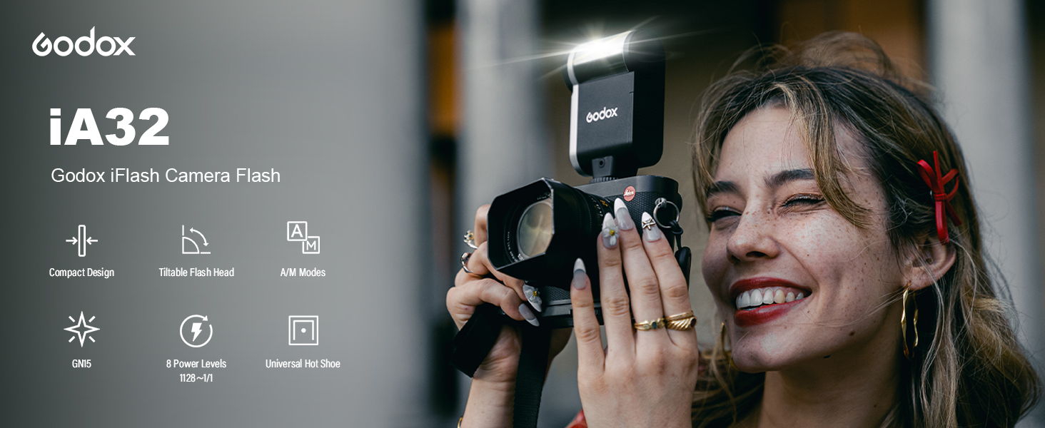 Godox iA32 Camera Flash, Auto/Manual Modes -7° to 90° Adjustment Mini Flash Mini-Flash