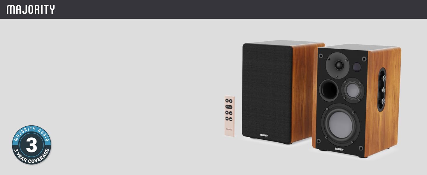D100 bookshelf speaker with brown wooden construction, 3-driver sound system for rich audio