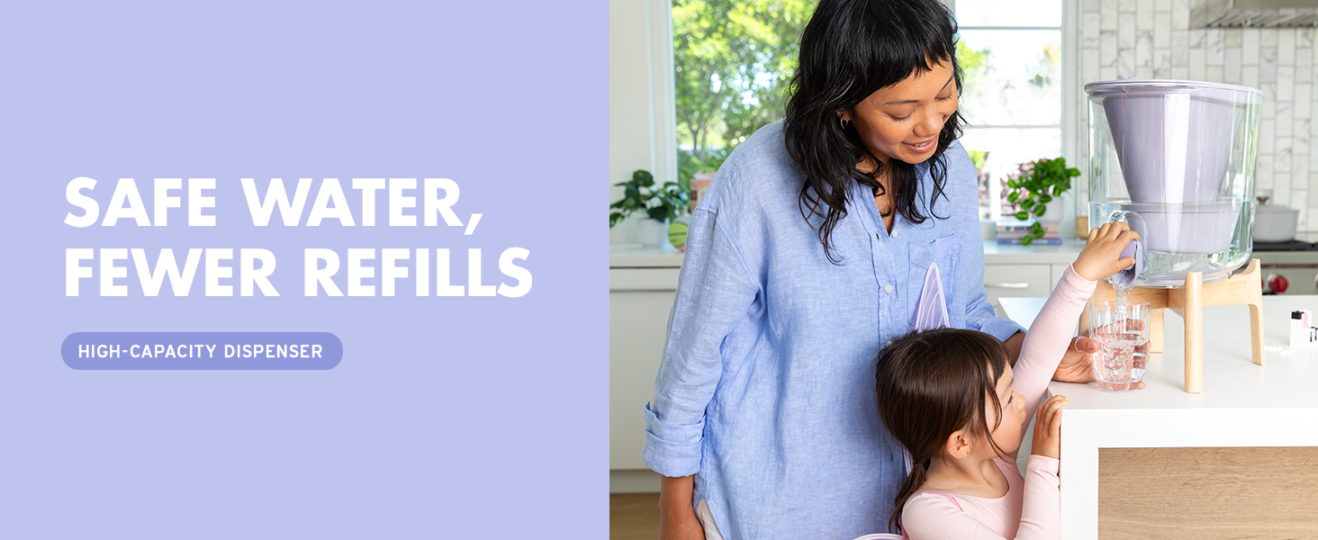Safe water, fewer refills - mom and young daughter fill up a glass of water from the dispenser