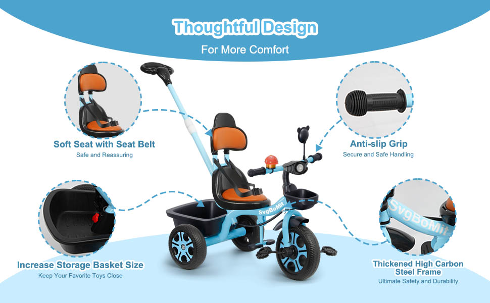 Soft seat cushion, non-slip handles, large rear frame, padded frame on tricycle