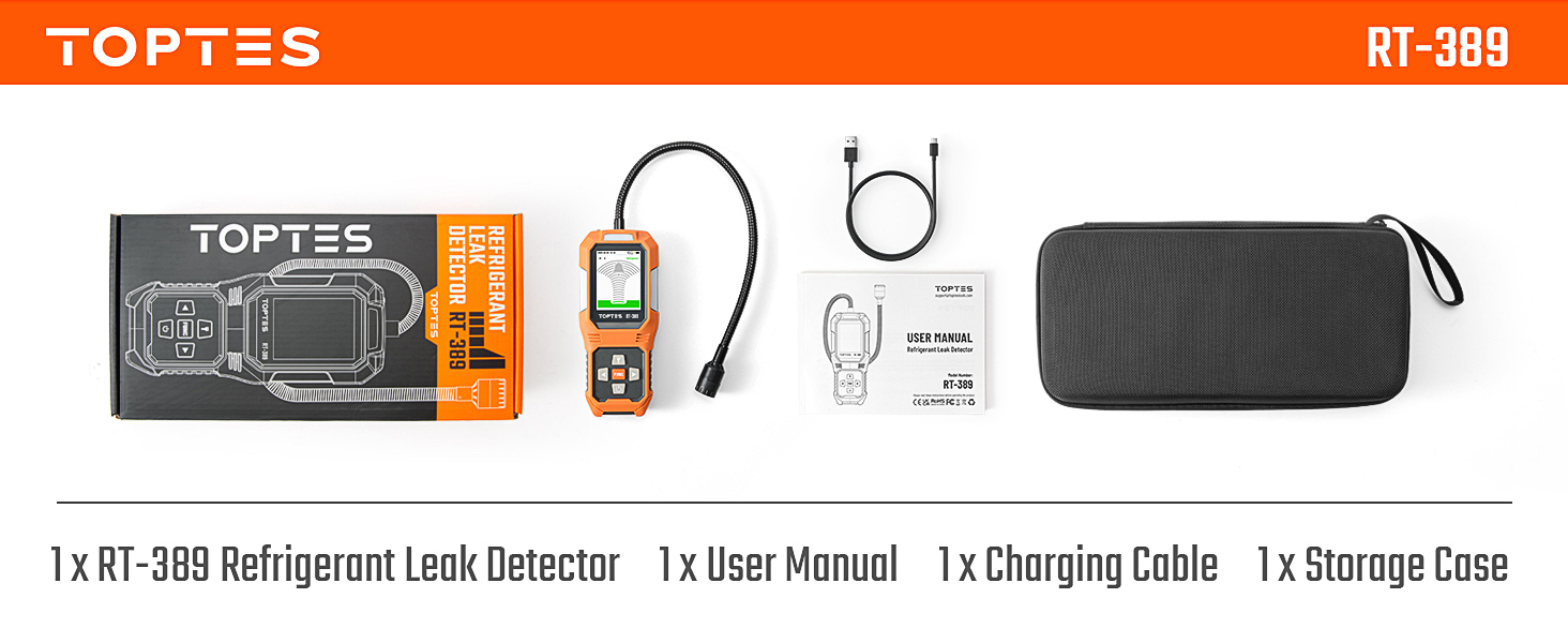 Package listing: RT-389 detector, User manual, charging cable, storage case