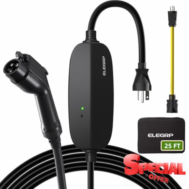 ELEGRP 16A Level 1-2 EV Charger - Portable J1772 Charger with 25FT Cable & NEMA 6-20/5-15 Adapter