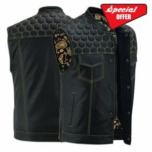 Daniel Smart Men’s Motorcycle Vest Black Cowhide Leather Biker Vest with Scoop Collar