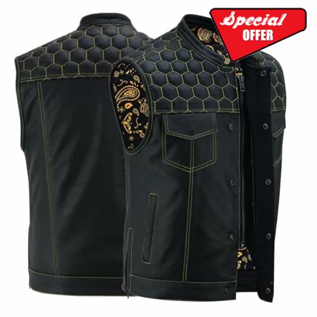 Daniel Smart Men’s Motorcycle Vest Black Cowhide Leather Biker Vest with Scoop Collar