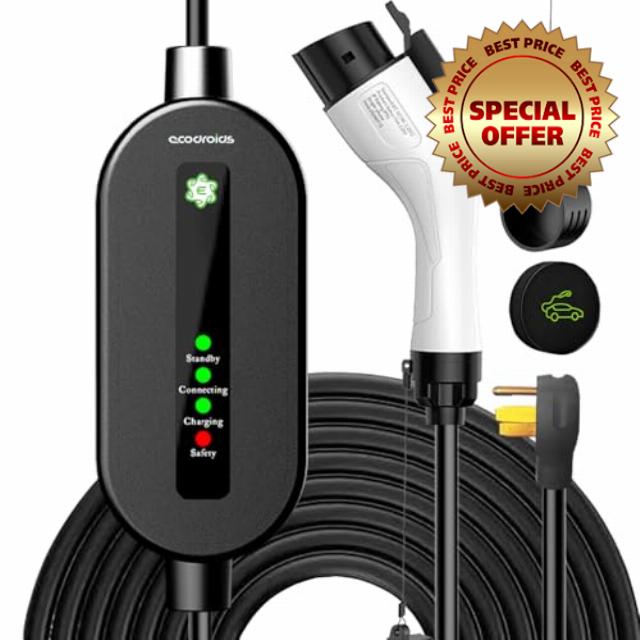 Portable Level 2 EV Charger 240V 32A (7.68kw) - Portable Electric Vehicle Charger with 25ft Charging Cable NEMA 14-50 Plug