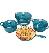 QuliMetal Nonstick Enameled Cast Iron Cookware Set, Frying Pan Skillet- 7-Pcs Pots and Pans with ...