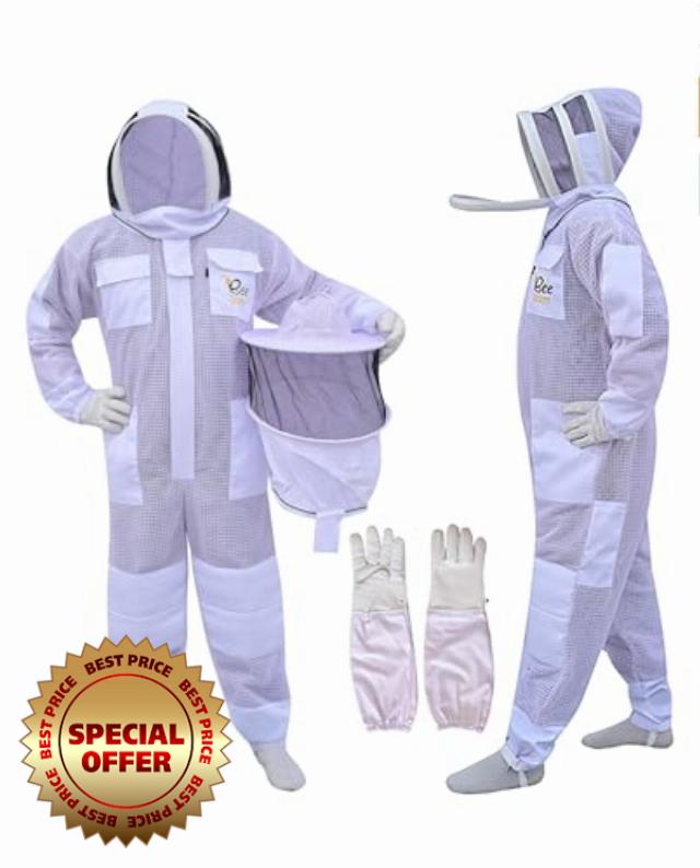 Professional 3 Layer Bee Suit with Fencing and Round Veil Ventilated Sting Proof Beekeeping Protective Suit with One Pair Bee Gloves