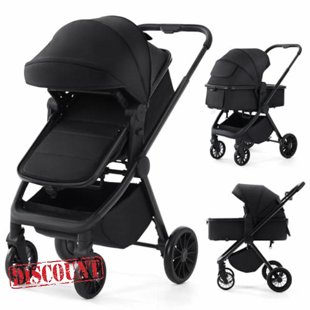 2 in 1 Convertible Baby Stroller Bassinet Pushchair with Reclining Seat Extra-Large Canopy Anti-Shock Foldable Stroller for Newborns and Toddlers 0-36 Months Black