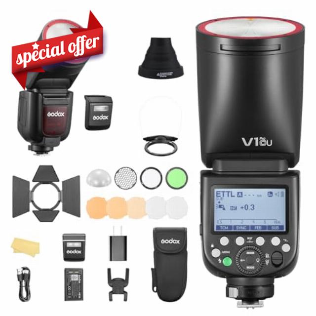 Godox V1Pro C USA Version with AKR1 Diffuser Kit External Flash SU-1 TTL Flash for Canon Camera 2980mAh 76W Battery Flash 1/8000s HSS 1.3s Recycle Time 2.4G Wireless HSS 500 Full Power Flashes