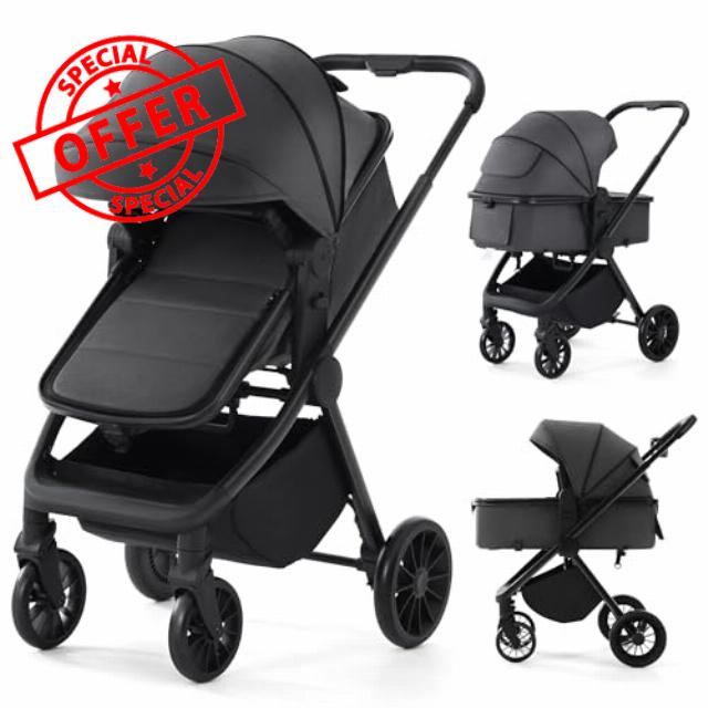 2-in-1 Convertible Baby Stroller with Reversible Bassinet Mode Toddler Pushchair for Newborns and Infants 0–36 Months Gray