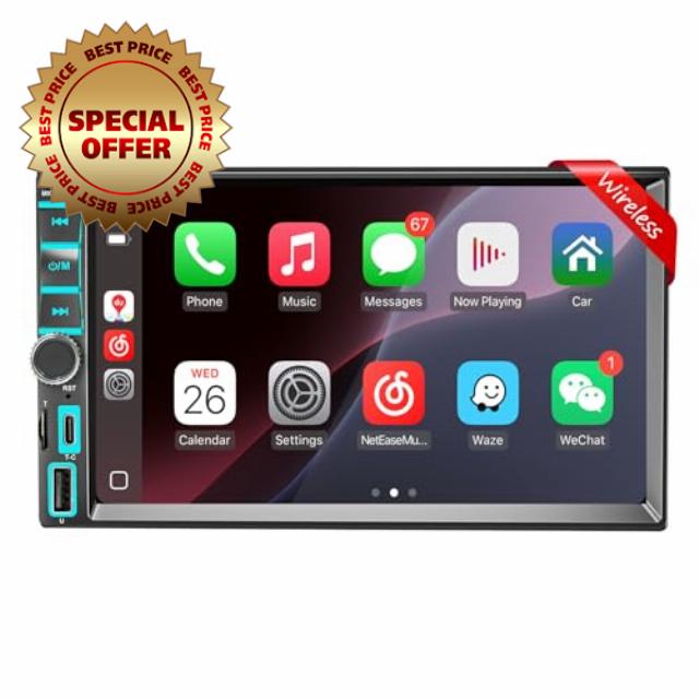 7" Wireless Apple CarPlay & Android Auto Double Din Car Stereo - 240W High-Power Sound