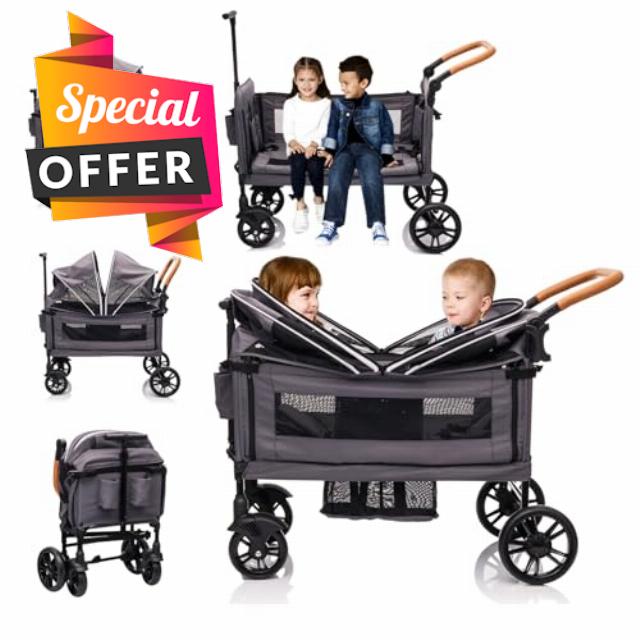Wagon Stroller for 2 Kids & Cargo-Push-Pull Double Baby Wagon Lightweight Travel Folding Stroller for Toddler with 5-Point Harness