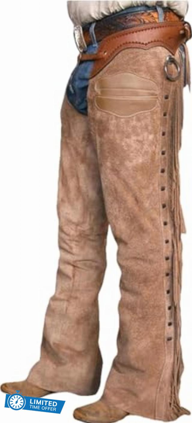 Premium Leather Chaps for Men Western Cowboy Style Real suede with Fringe Design Horse Riding & Rodeo Pants