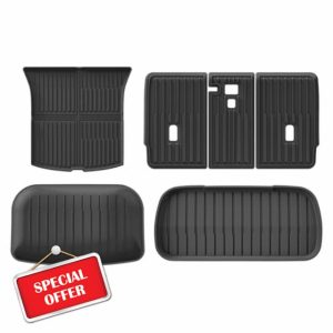 LUCKEASY 4PCS Rear & Front Trunk Mat& Backrest Mat& Trunk Lower Mat for 2026 2025 Tesla Model Y Juniper New 5 Seat Floor Liners Cargo Liner Backrest Liner Waterproof All-Weather Accessories TPE Black