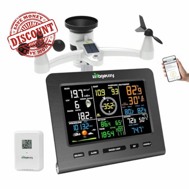 Urageuxy Weather Station Wireless Indoor Outdoor WiFi Weather Stations with Rain Gauge and Wind Speed/Direction