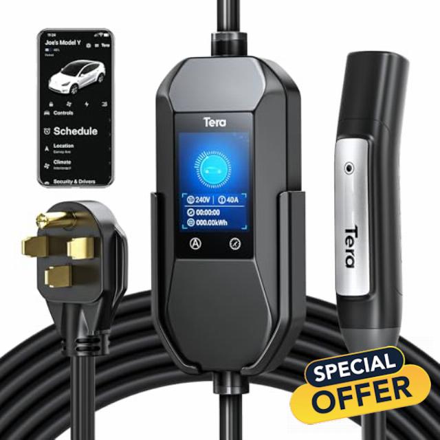 Tera 2025 New EV Charger for Tesla 40A 2.8" Largest Display ETL FCC Most Compact 25FT NACS Level 2 NEMA 14-50 Plug & NEMA 5-15 for Level 1 Waterproof IP66 Portable EVSE for Tesla Model Y/3/S/X P06