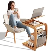 AQIMUELE Wooden C-Shaped End Table,Couch Desk with 2 Lockable Wheels,4-Tier Couch Table with Stor...