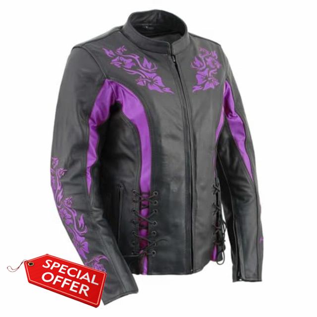 Milwaukee Leather LKL27002 Women's Premium Black and Purple Leather Embroidered Jacket with CE Armor Protection - 2X-Large