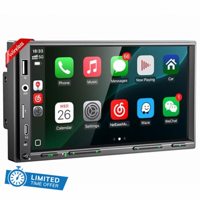 Upgraded Double Din Car Stereo with Wireless Apple CarPlay & Android Auto