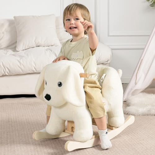 Labrador Wooden Rocking Horse for Toddlers 1 Year Old Cute Dog Stuffed Plush Ride-on Toy Rocking Animal for Baby Boys and Girls Nursery/Child Christmas or Birthday Gift