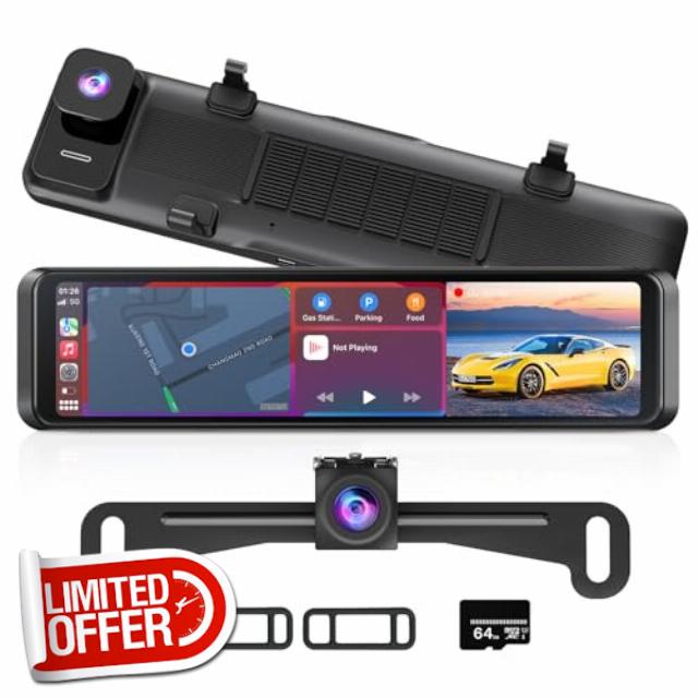 4K Rear View Mirror Camera with Carplay & Android Auto: 11.26" Smart Touch Screen Mirror Dash Cam Front and Rear with Voice Control