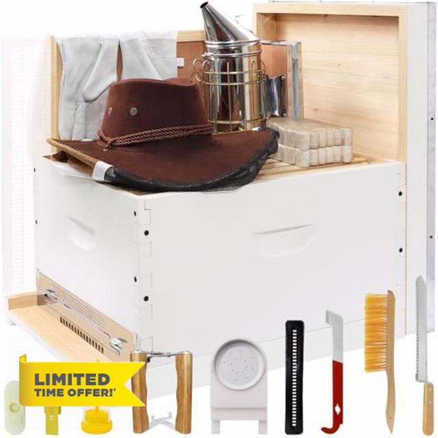 Newest 10 Frame Beehive Starter Kit Hand Painted Includes Beekeeping Supplies Tools and Cowboy Bee Hat