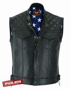 Men's Leather Motorcycle Vest – Club Style Biker Vest with Flag Lining