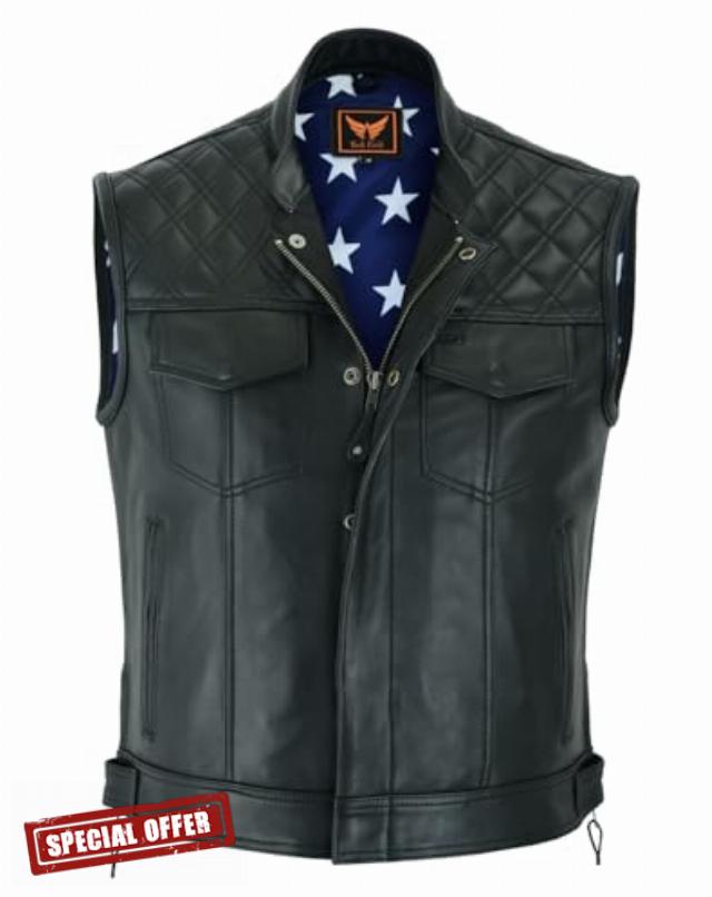 Men's Leather Motorcycle Vest – Club Style Biker Vest with Flag Lining