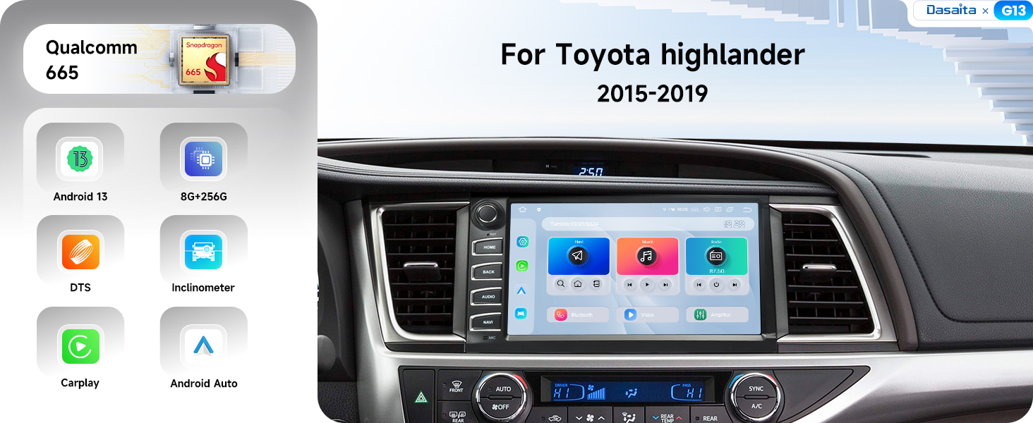Car Radio Headunit Stereo for Toyota Highlander 2015-2019 Wireless Apple Carplay Android Auto