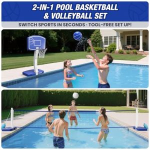 Pool Volleyball & Poolside Basketball Game Set for Inground Swimming Pool