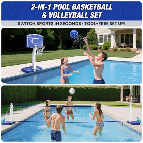 Pool Volleyball & Poolside Basketball Game Set for Inground Swimming Pool