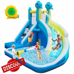 Seahorse Inflatable Water Slide for Kids Backyard | 5-in-1 Blow Up Splash Park with Climbing Wall