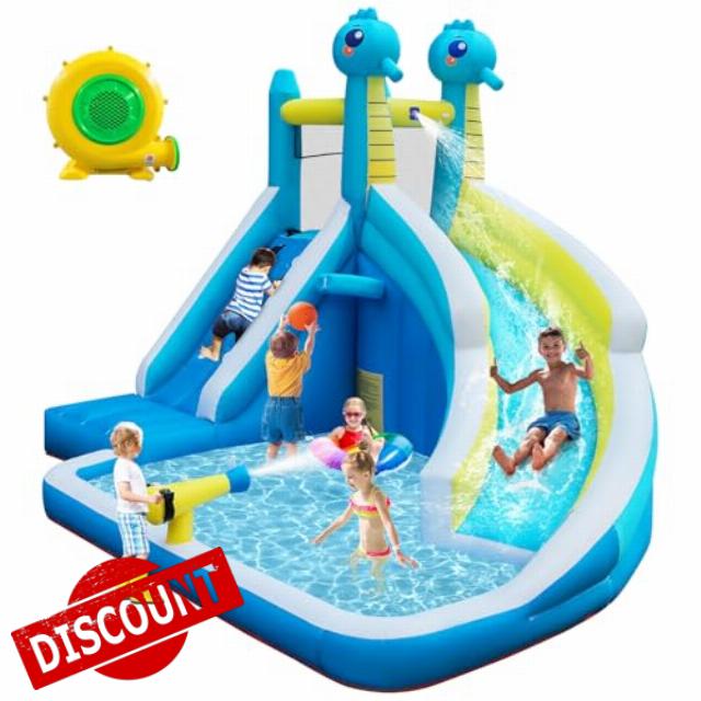 Seahorse Inflatable Water Slide for Kids Backyard | 5-in-1 Blow Up Splash Park with Climbing Wall