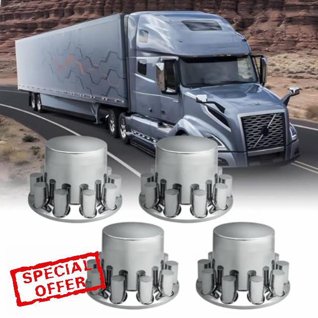 Cylinder Flat Axle Wheel Cover Set 4 Rear Axle Hub Covers with 33mm Thread-on Chrome Lug Nut Covers