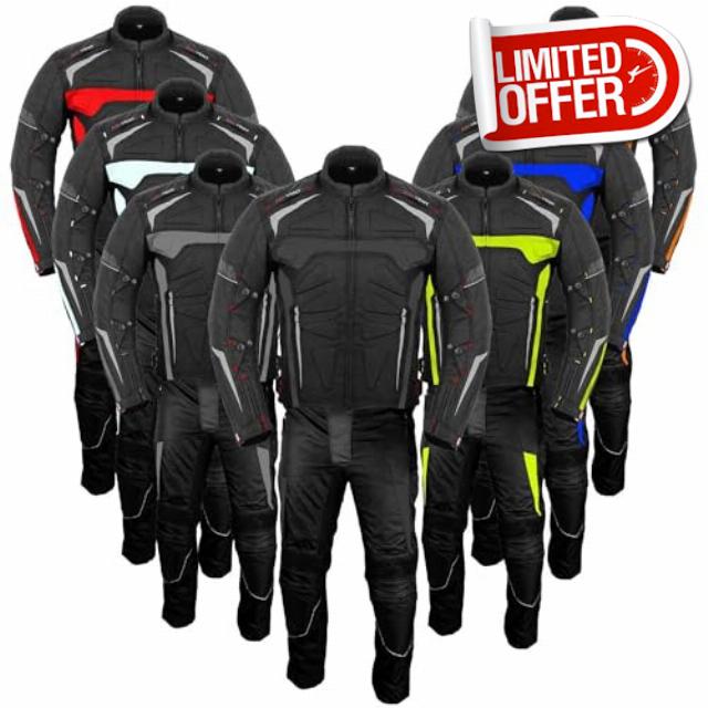 Mens Motorbike Suit Waterproof Cordura Jacket with Trouser Motorcycle Biker Protection CE Approved