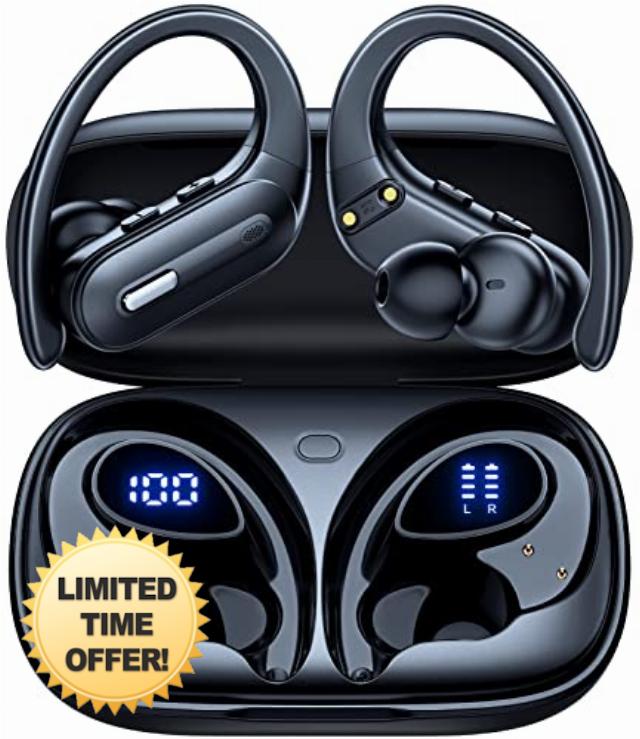 Wireless Earbuds ANC Noise Cancelling Bluetooth 5.3 Headphones 90 Hrs Playtime Earbuds with Wireless Charging Case Power Display Over-Ear Earphones with Earhooks Waterproof Stereo for Android Phone