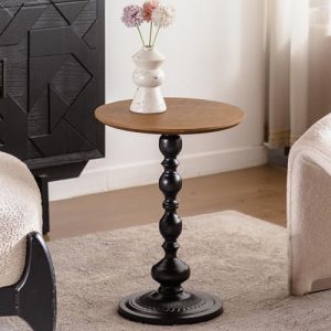 Vintage Side Table with Wood Top and Black Base