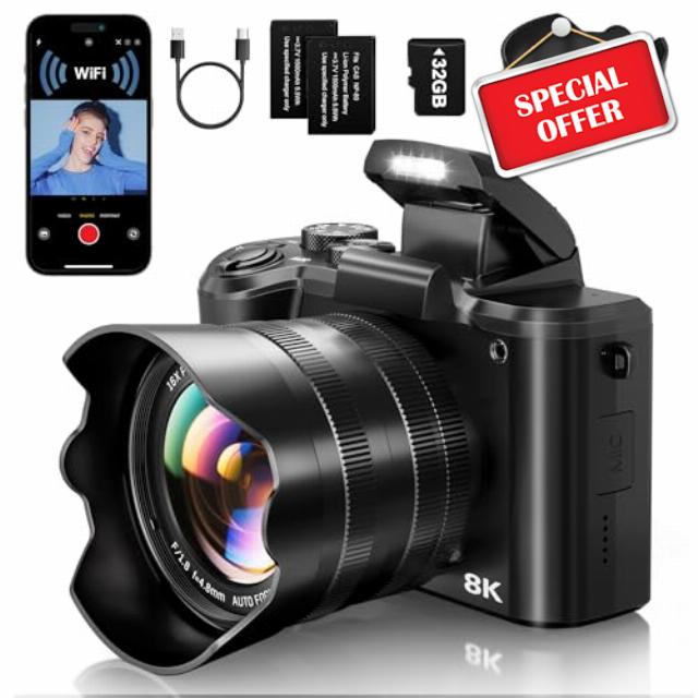 8K Digital Cameras for Photography - Autofocus 88MP WiFi Vlogging Camera for YouTube with Dual-Lens - 16X Digital Zoom Vlog Camera with Lens Hood