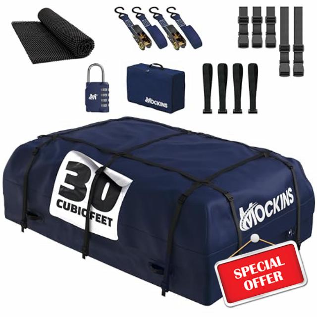 Mockins 30 CuFt Navy Waterproof Rooftop Cargo Bag For Use With or Without Roof Rack | 60"x43"x20" Vinyl Car Rooftop Cargo Carrier Bag | Car Topper Luggage Carrier Waterproof Set w/Straps
