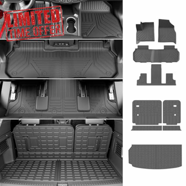 powoq 7 Seats Floor Mat Compatible with 2024 2025 Chevy Traverse GMC Acadia Cargo Mat 25 Buick Enclave Trunk Cargo Liner TPE Backrest Floor Liner Replacement for 2024 2025 Chevy Traverse Accessories