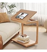 AQIMUELE Wooden C-Shaped End Table,Couch Table with Adjustable Desktop,Small Rolling Side Table w...