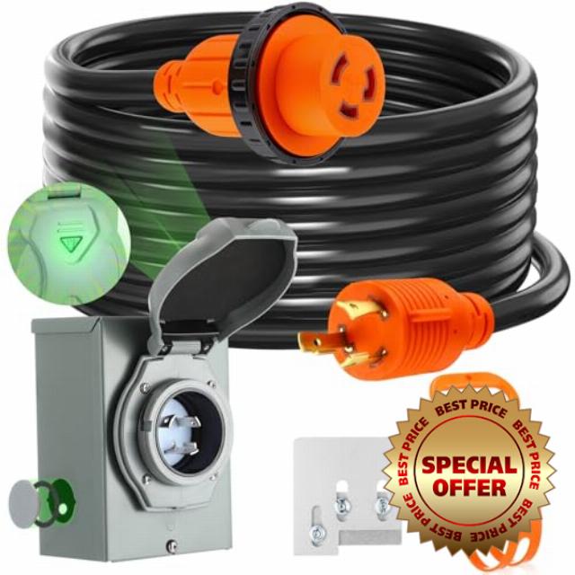Kanayu 30 Amp 20ft Generator Cord and Pre-drilled Power Inlet Box Nema L5-30p/l5-30r 125v